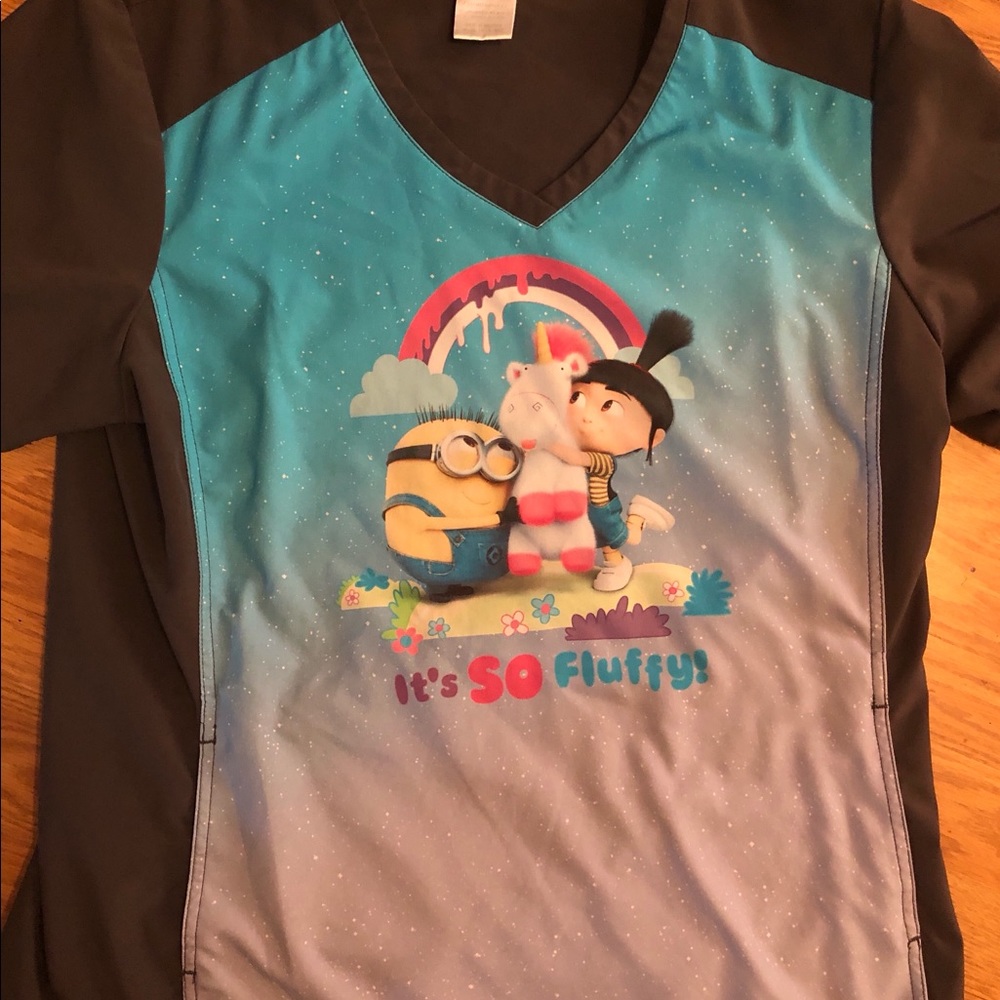 Heart Soul Women's Minions "It's So Fluffy" Teal Gray Scrub Top
